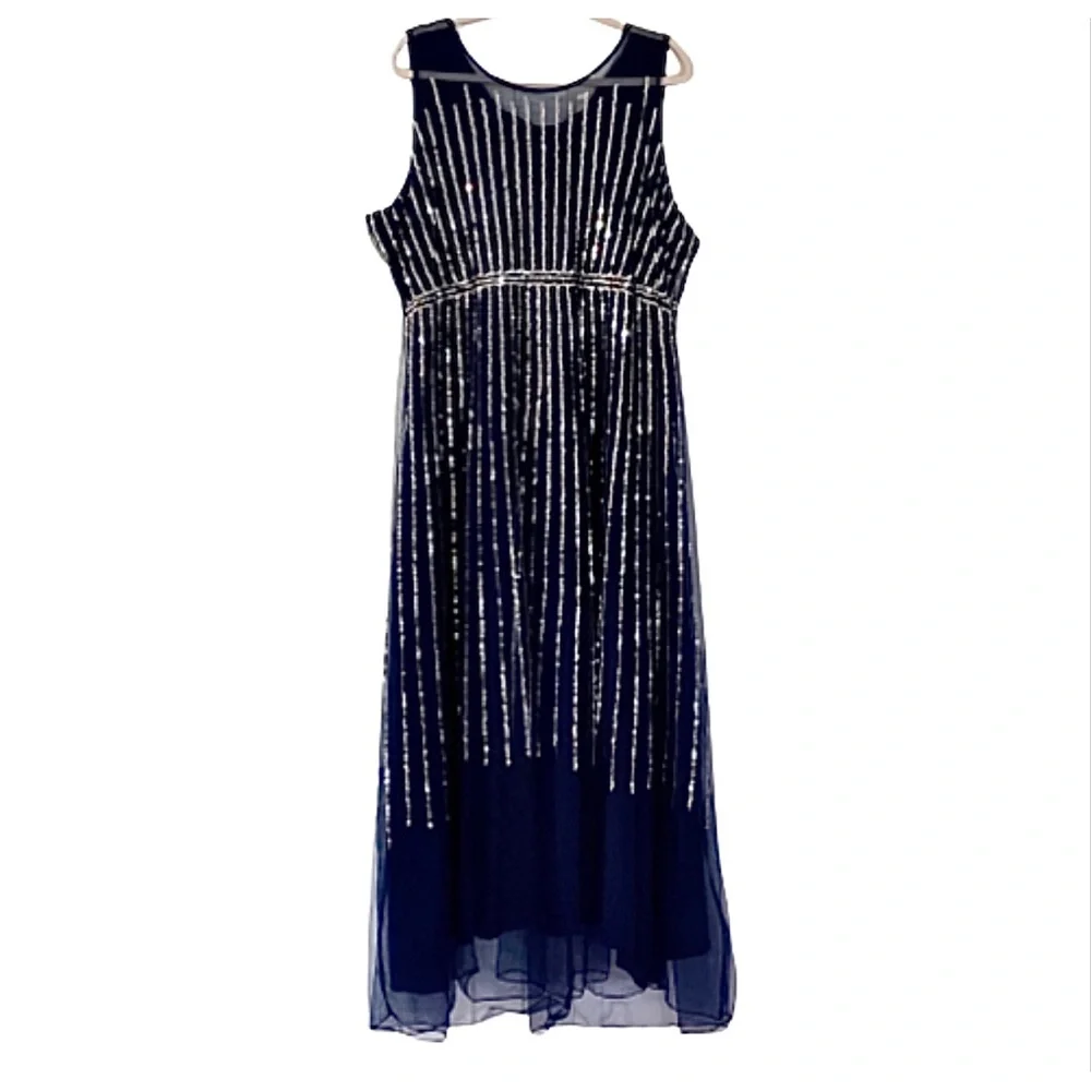 Navy Blue Sequin High-Low Prom Dress โ Elegant A-Line Evening Gown, V-Neck Gown - Picture 1 of 4